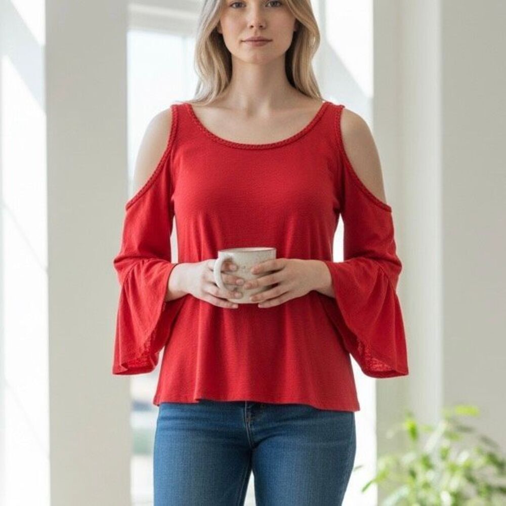 Chico's S Red Orange Cold Shoulder Blouse Bell Sleeves Luxury Preppy Boardwalk